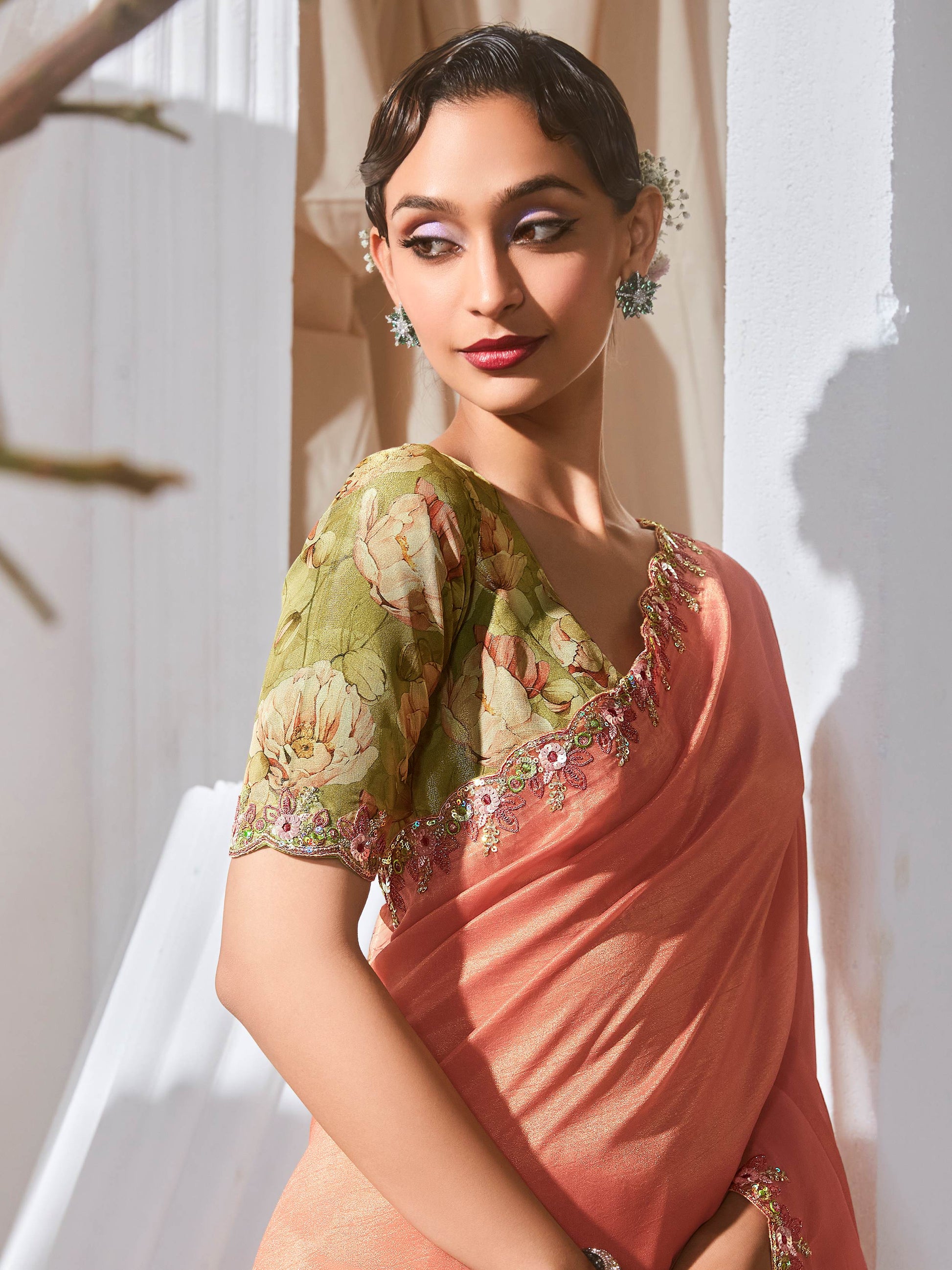 Classic Peach Border Work Organza Engagement Wear Saree With Blouse