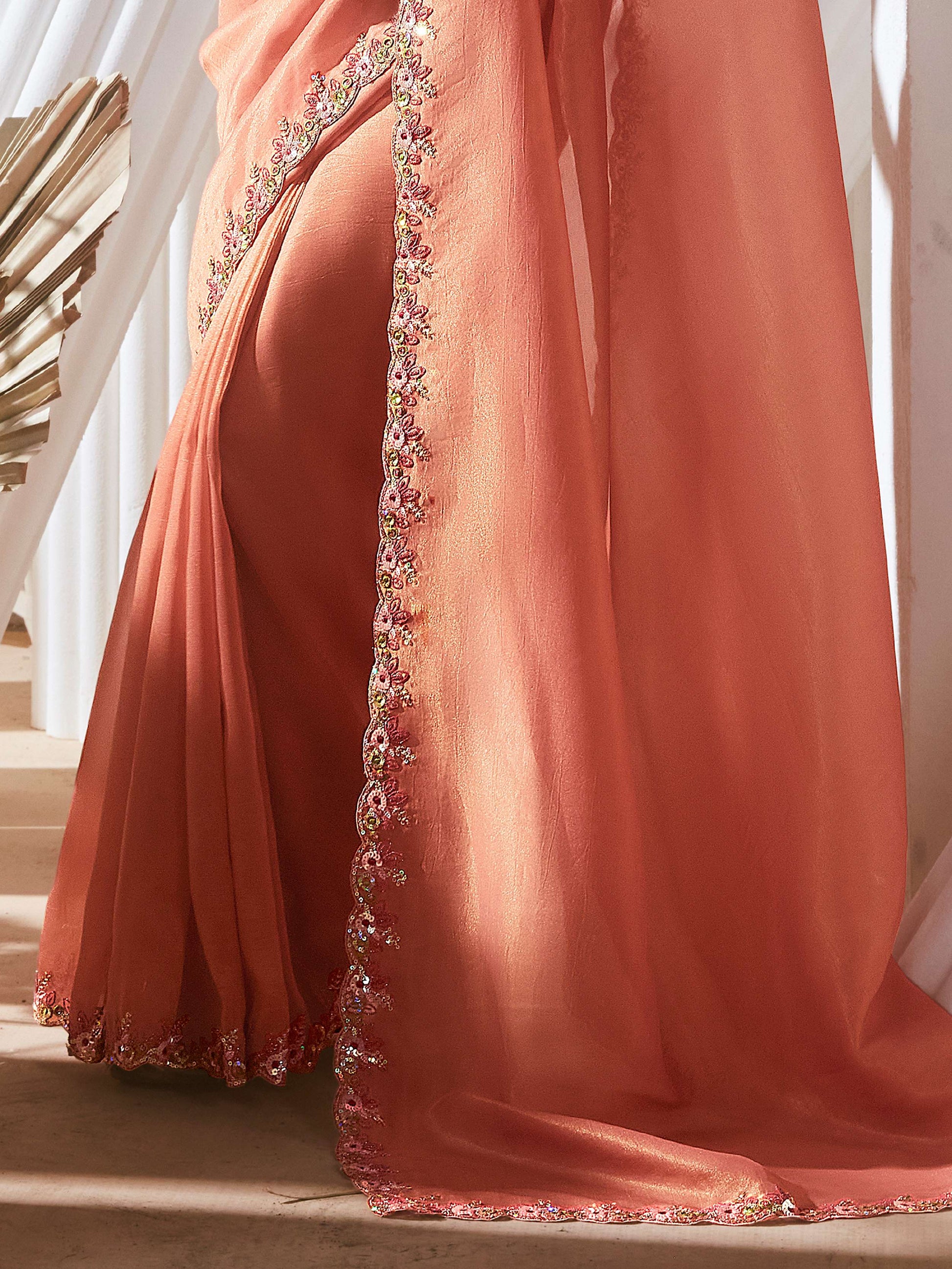 Classic Peach Border Work Organza Engagement Wear Saree With Blouse