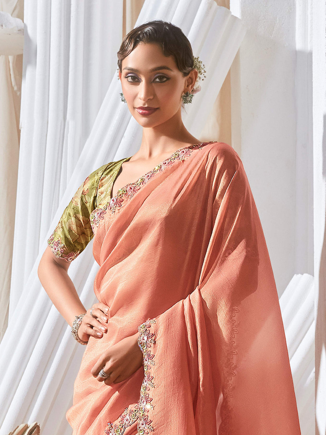 Classic Peach Border Work Organza Engagement Wear Saree With Blouse