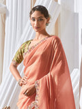 Classic Peach Border Work Organza Engagement Wear Saree With Blouse