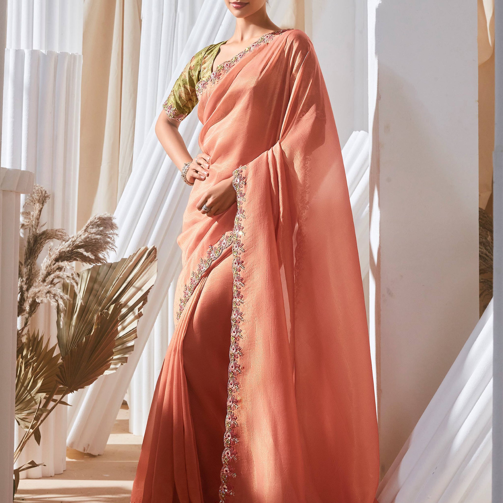 Classic Peach Border Work Organza Engagement Wear Saree With Blouse