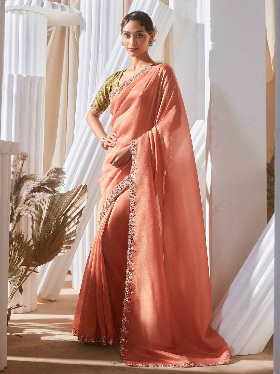Classic Peach Border Work Organza Engagement Wear Saree With Blouse