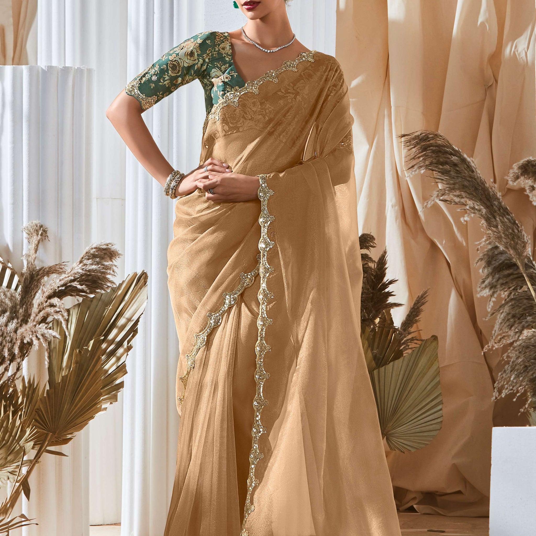 Astonishing Beige Border Work Organza Designer Saree With Blouse