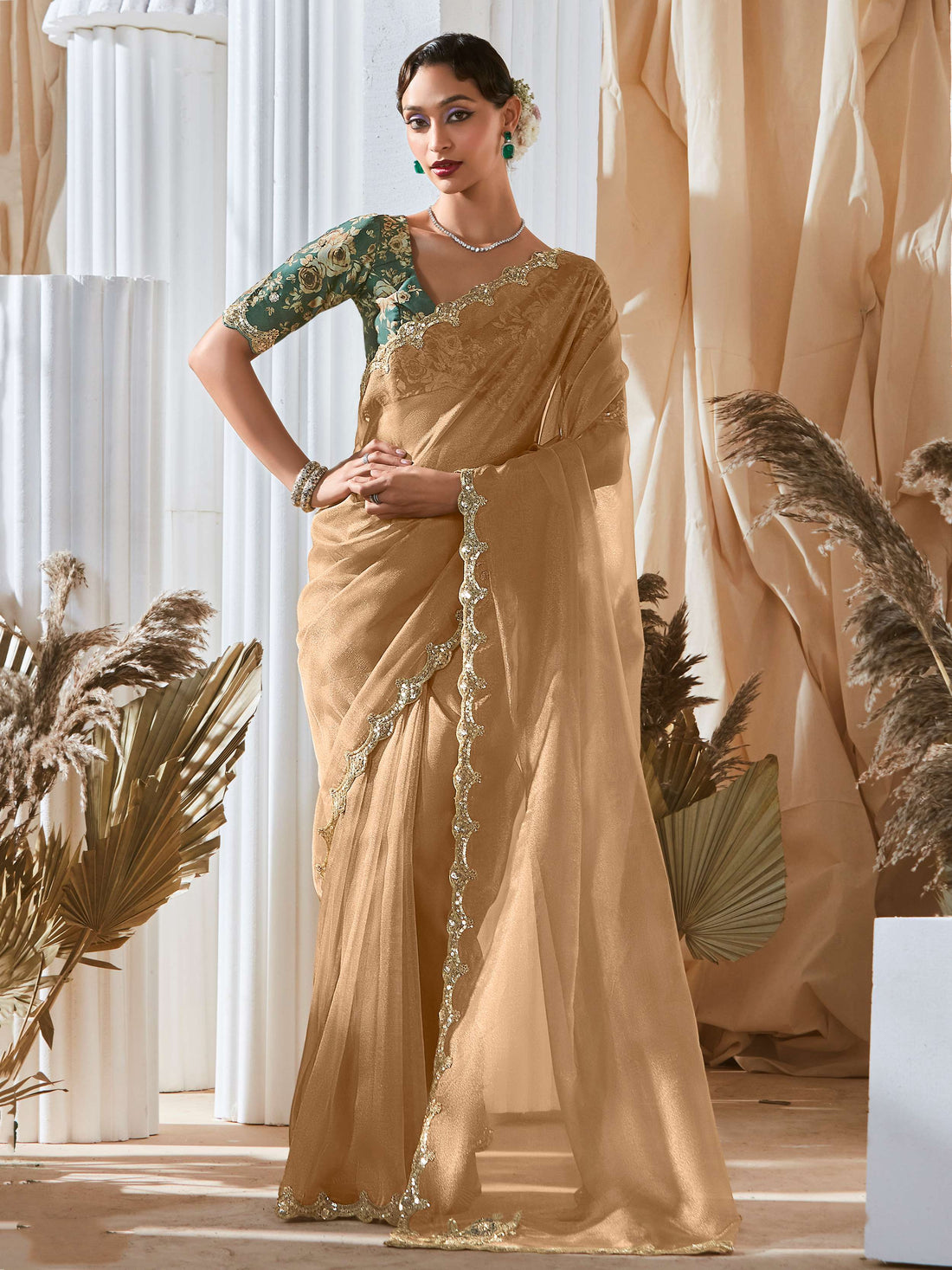 Astonishing Beige Border Work Organza Designer Saree With Blouse