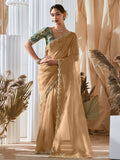 Astonishing Beige Border Work Organza Designer Saree With Blouse