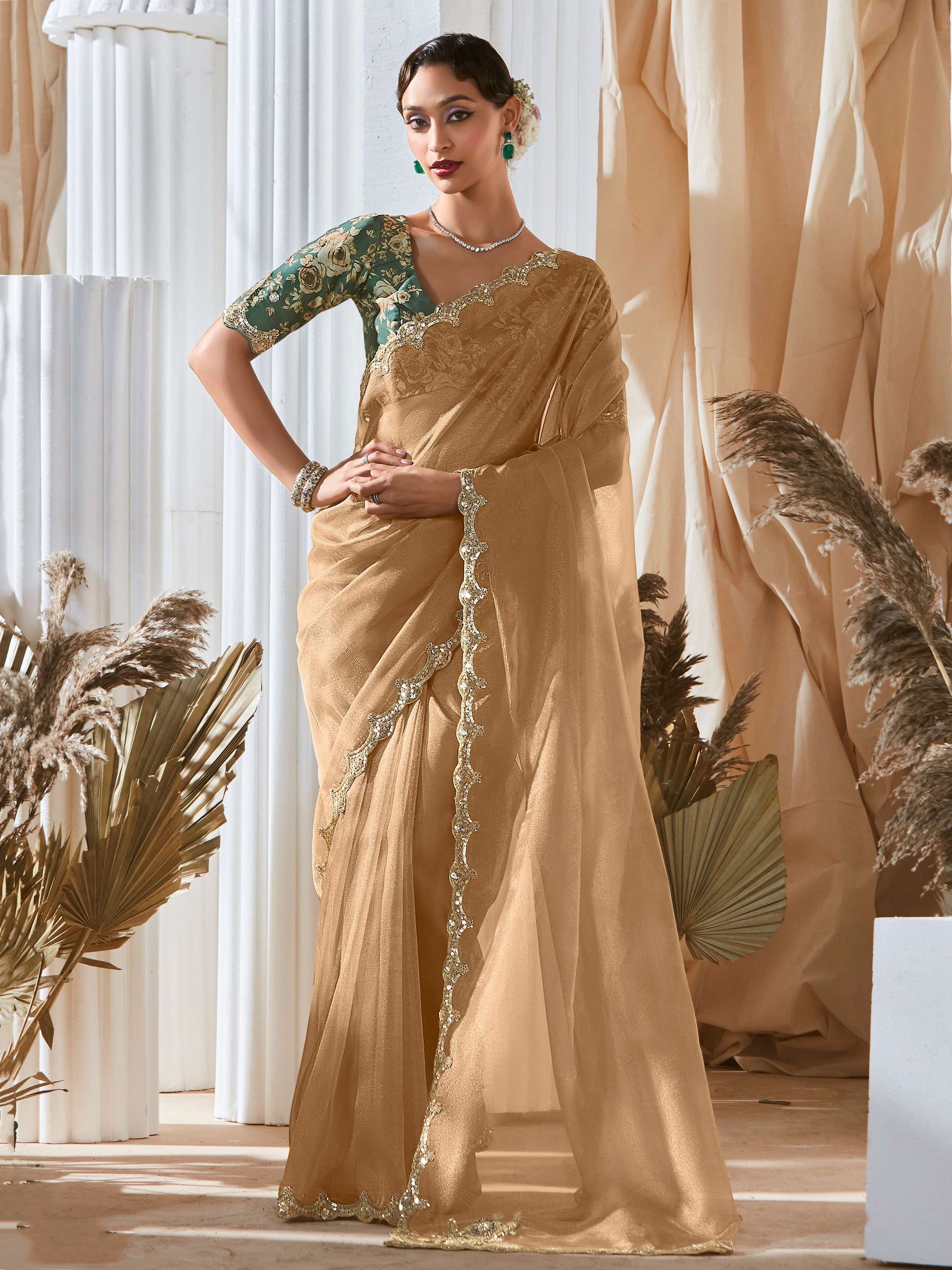 Astonishing Beige Border Work Organza Designer Saree With Blouse