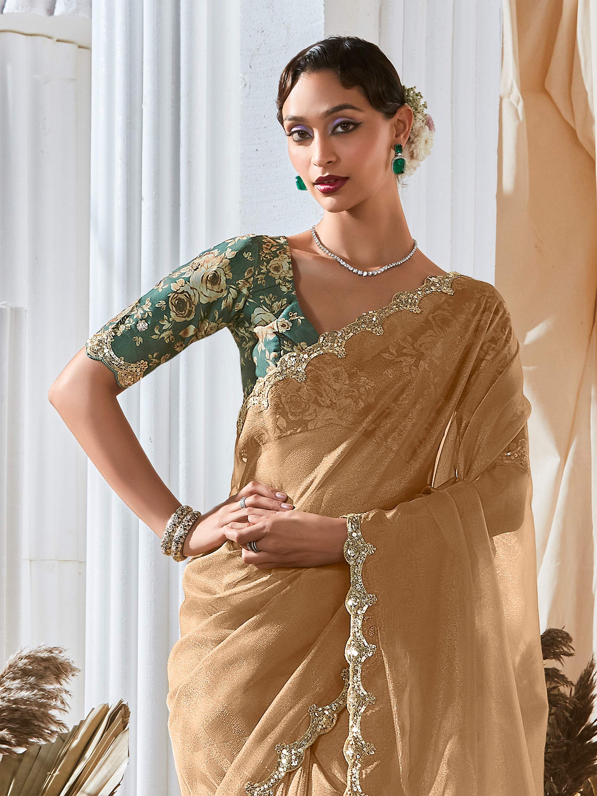 Astonishing Beige Border Work Organza Designer Saree With Blouse