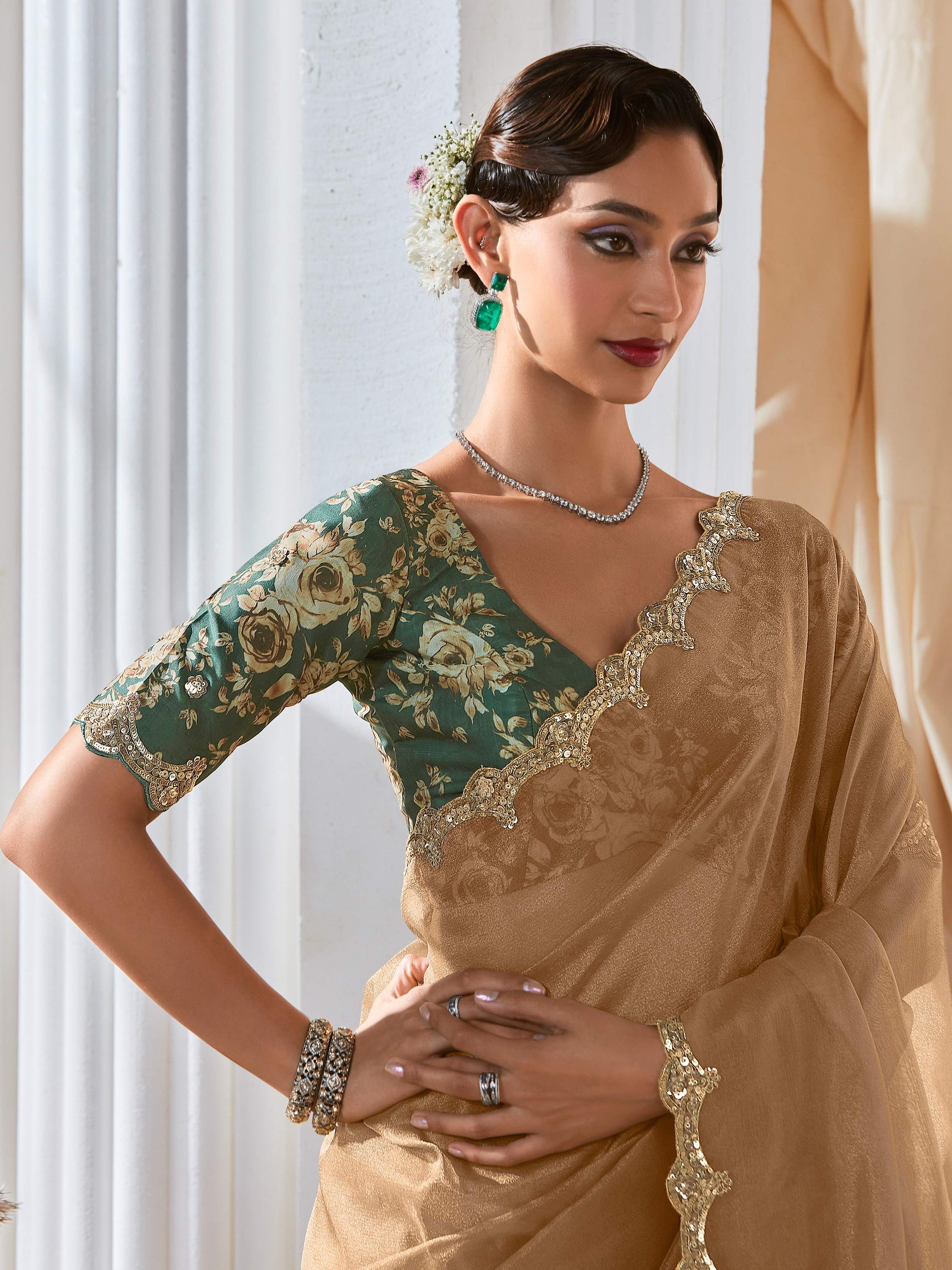Astonishing Beige Border Work Organza Designer Saree With Blouse