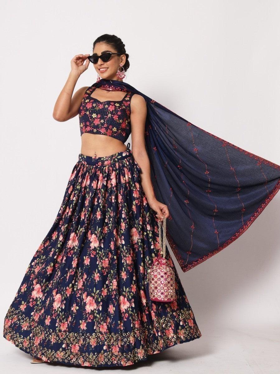 Glamorous Navy Blue Floral Printed Silk Wedding Wear Lehenga Choli
