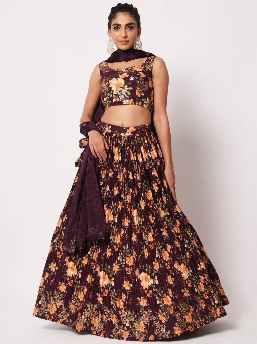 Appealing Purple Floral Printed Silk Reception Wear Lehenga Choli