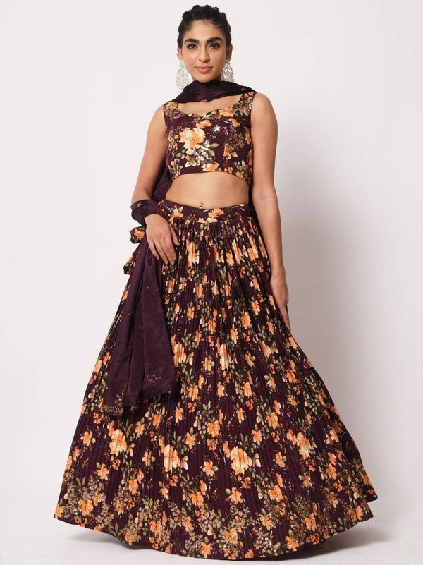 Appealing Purple Floral Printed Silk Reception Wear Lehenga Choli