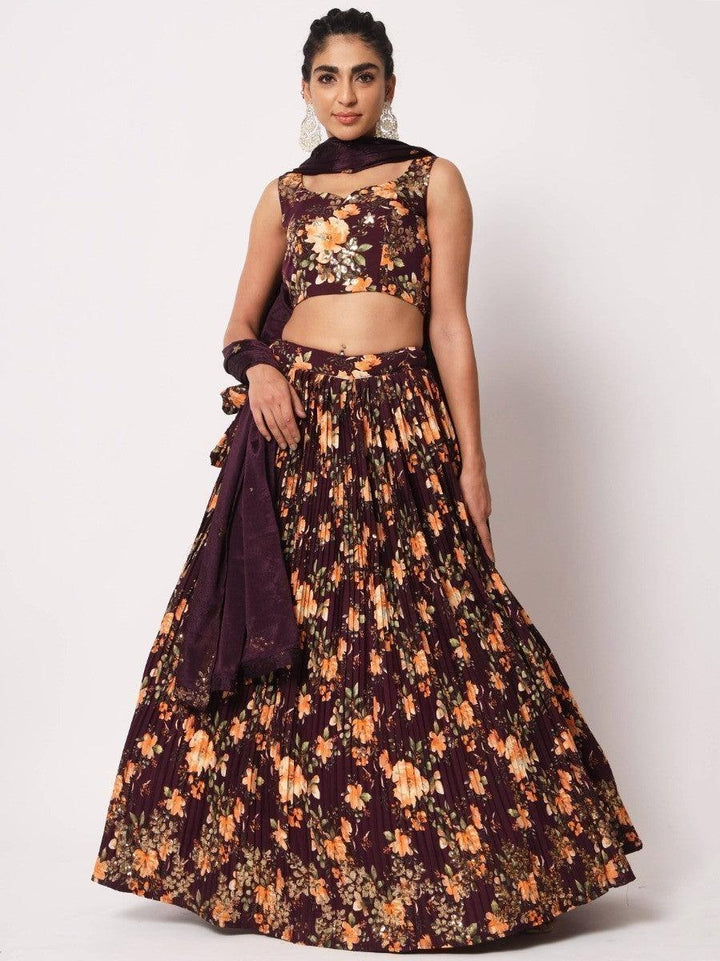 Appealing Purple Floral Printed Silk Reception Wear Lehenga Choli