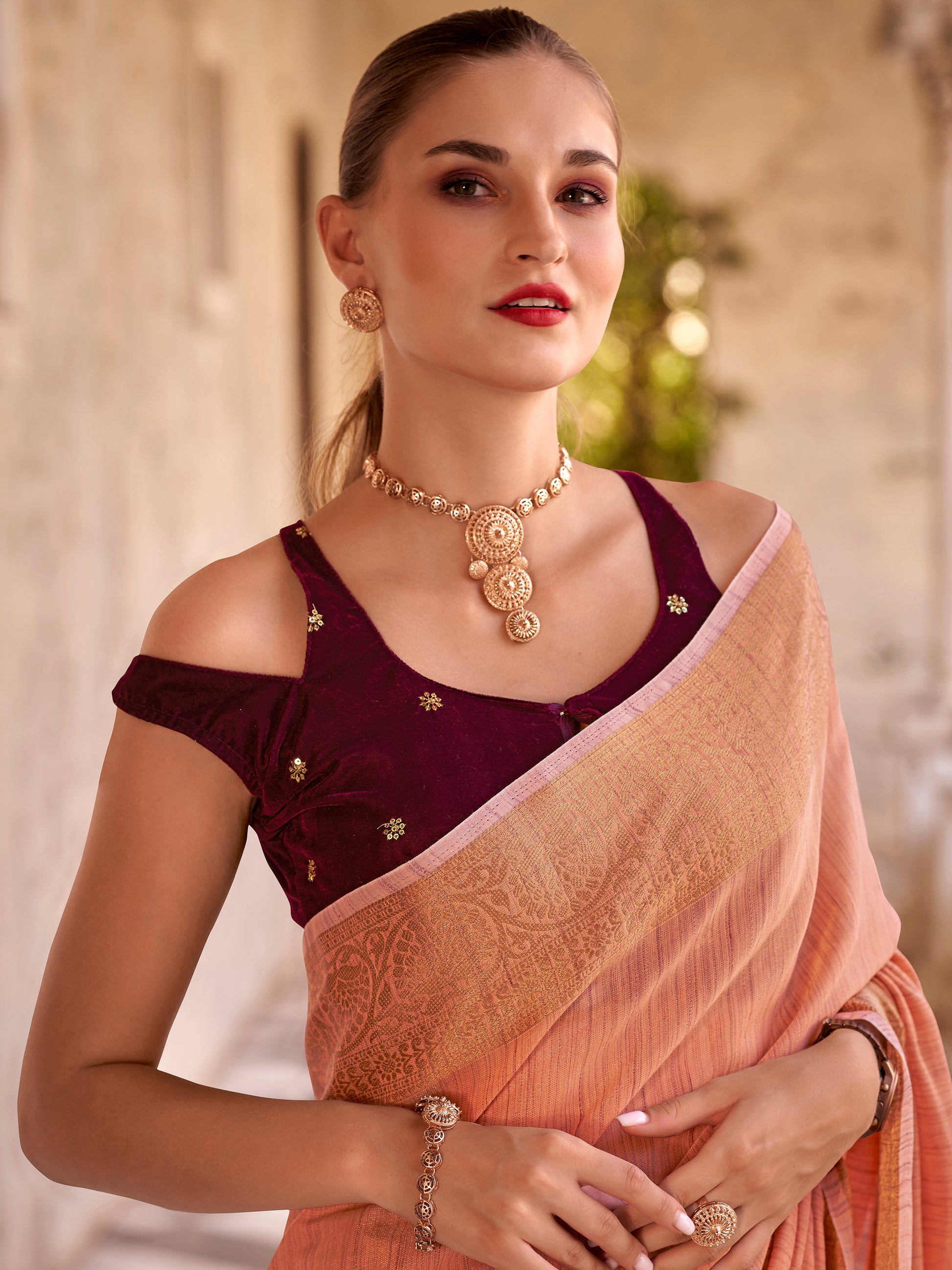 Marvelous Peach Zari Weaving Tissue Silk Casual Wear Saree With Blouse