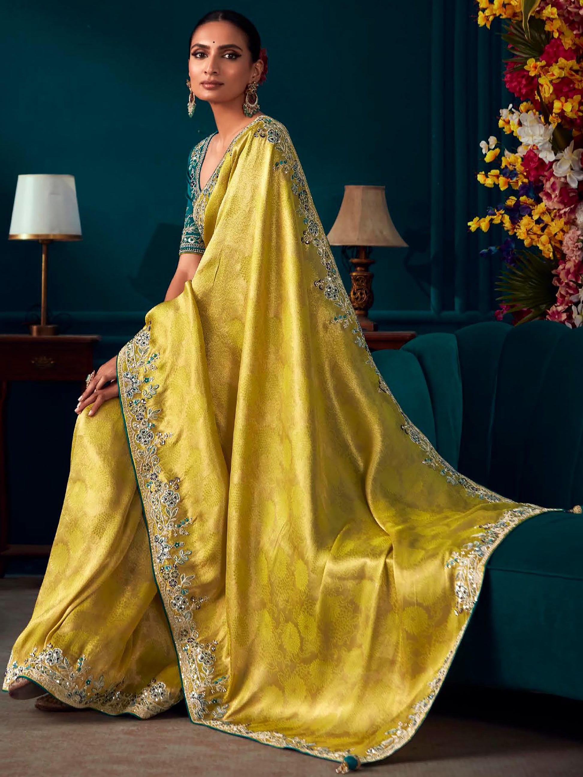 Beautiful Yellow Embroidered Kanjivaram Silk Wedding Wear Saree