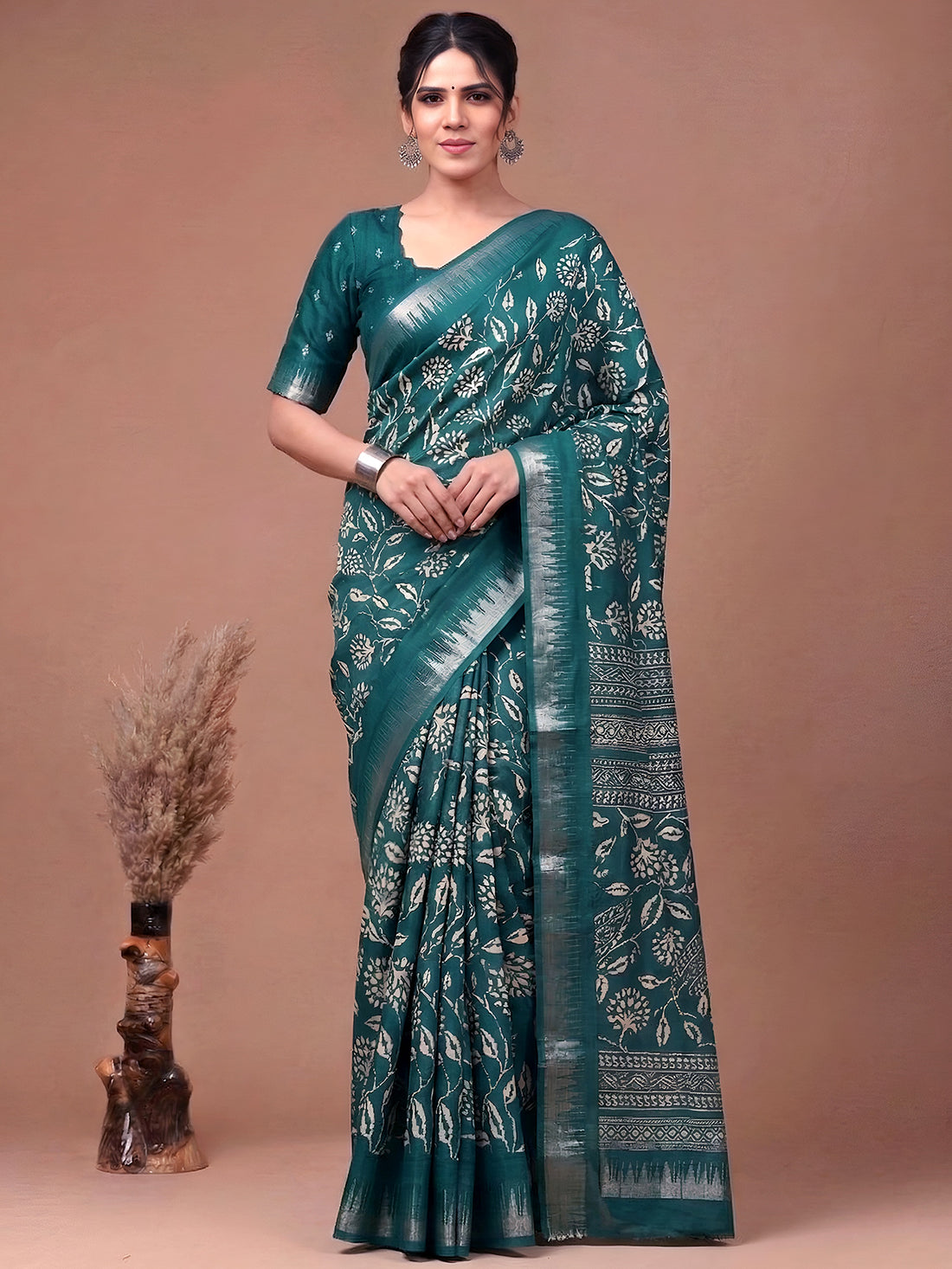 Attractive Teal Green Floral Printed Silk Casual Wear Saree With Blouse
