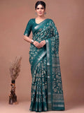 Attractive Teal Green Floral Printed Silk Casual Wear Saree With Blouse