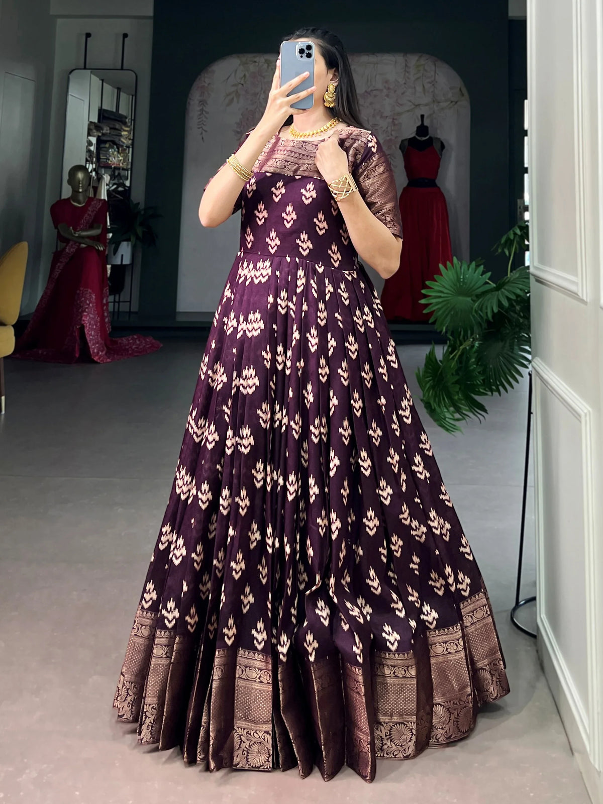 Majestic Purple Zari Woven Cotton Event Wear Gown