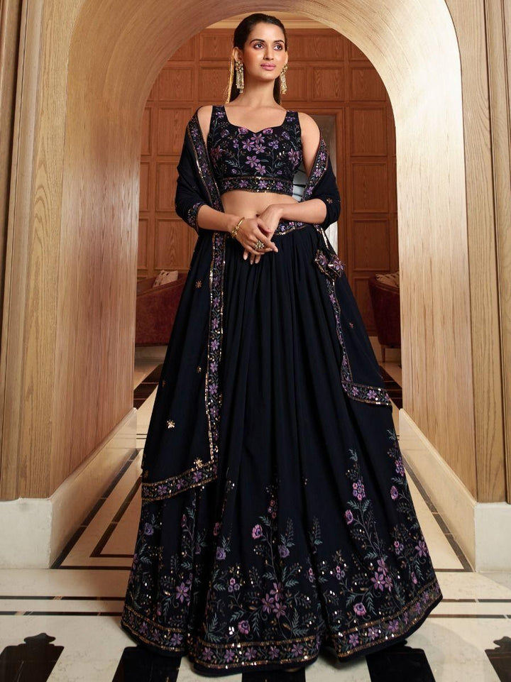 Awesome Navy Blue Thread Embroidered Georgette Lehenga Choli