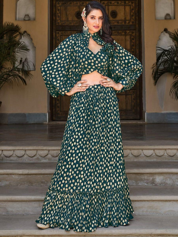 Stunning Green Foil Work Georgette Skirt Crop Top With Jacket