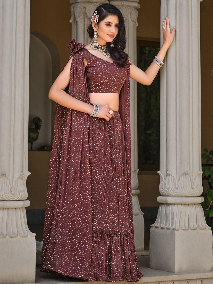 Delightful Brown Foil Work Georgette Cocktail Party Wear Lehenga Choli