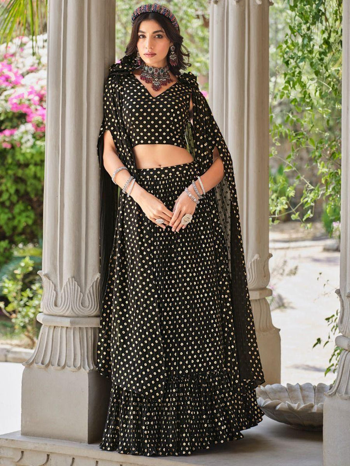 Pleasuring Black Foil Work Georgette Party Wear Lehenga Choli