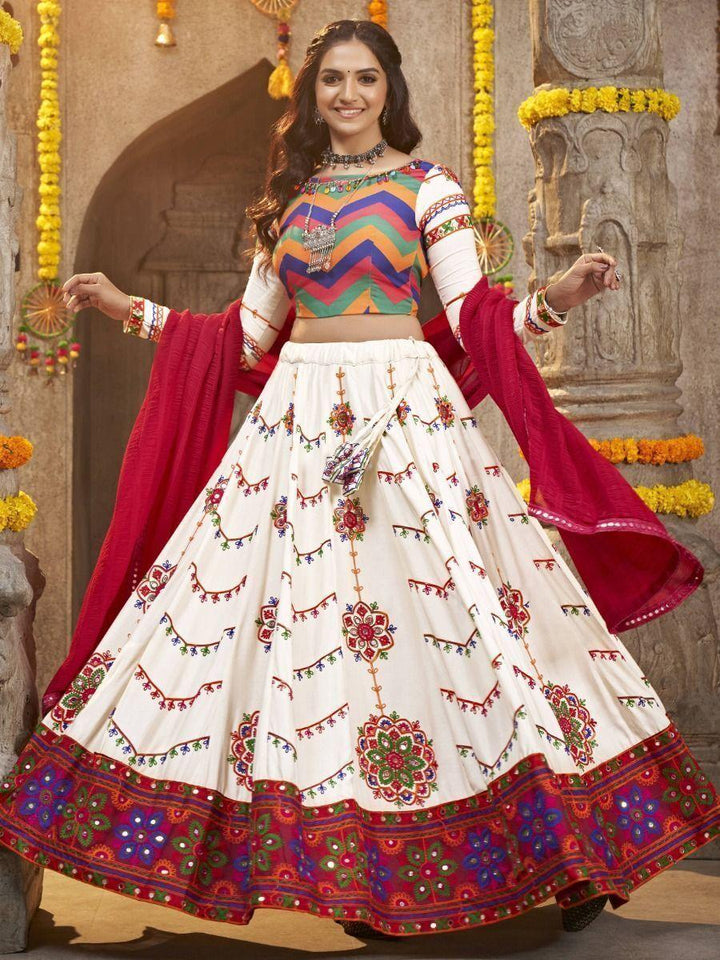 Mesmerizing White Gamthi Embroidered Rayon Navratri Lehenga Choli