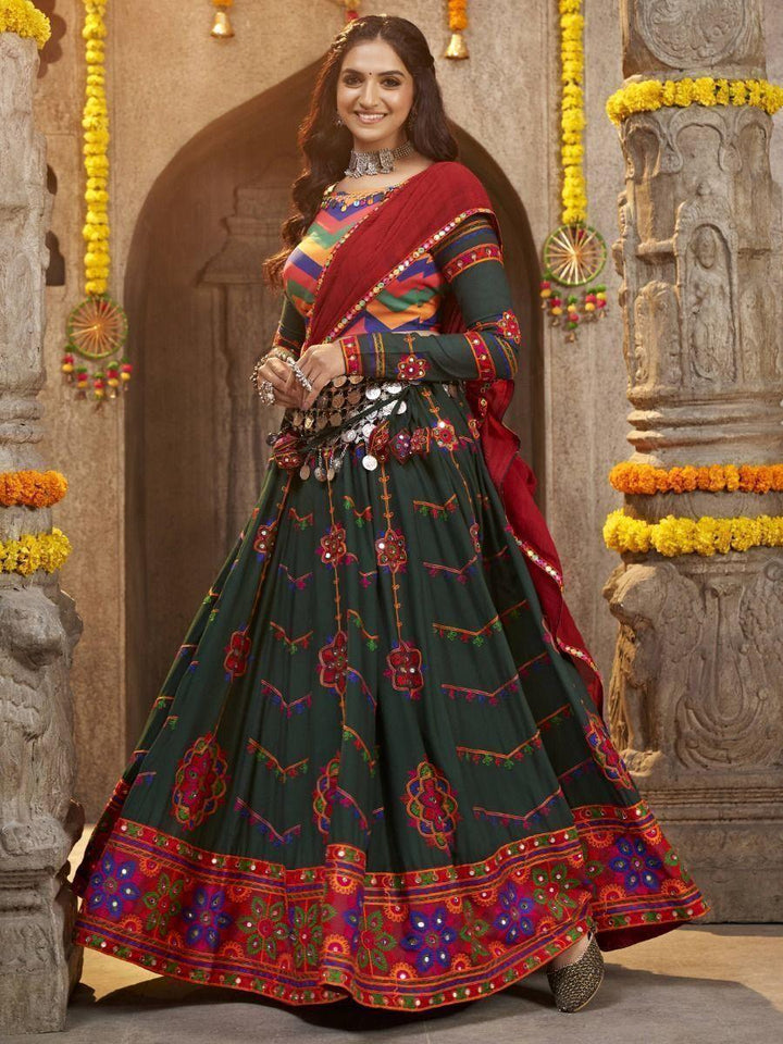 Interesting Green Mirror Work Rayon Navratri Wear Lehenga Choli