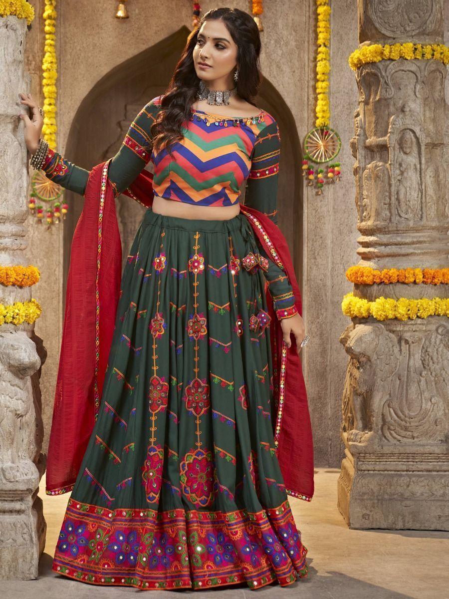 Interesting Green Mirror Work Rayon Navratri Wear Lehenga Choli