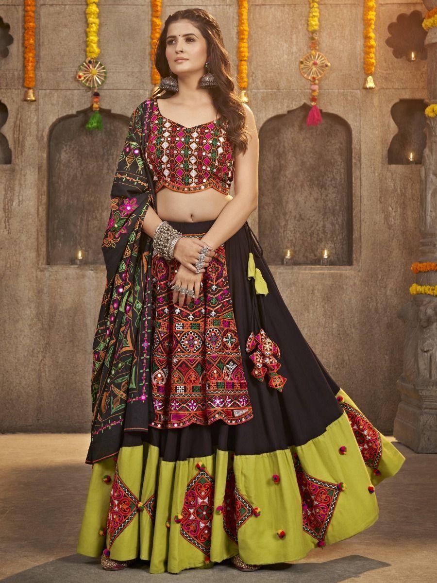 Lovely Black Mirror Work Rayon Navratri Lehenga Choli With Dupatta