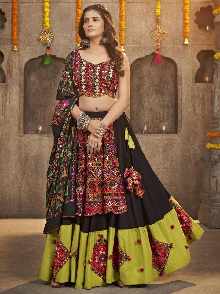 Lovely Black Mirror Work Rayon Navratri Lehenga Choli With Dupatta