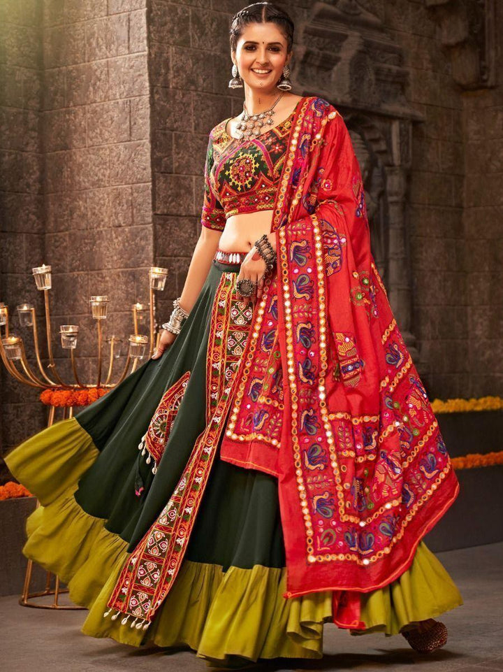 Attractive Green Mirror Work Rayon Lehenga Choli With Dupatta