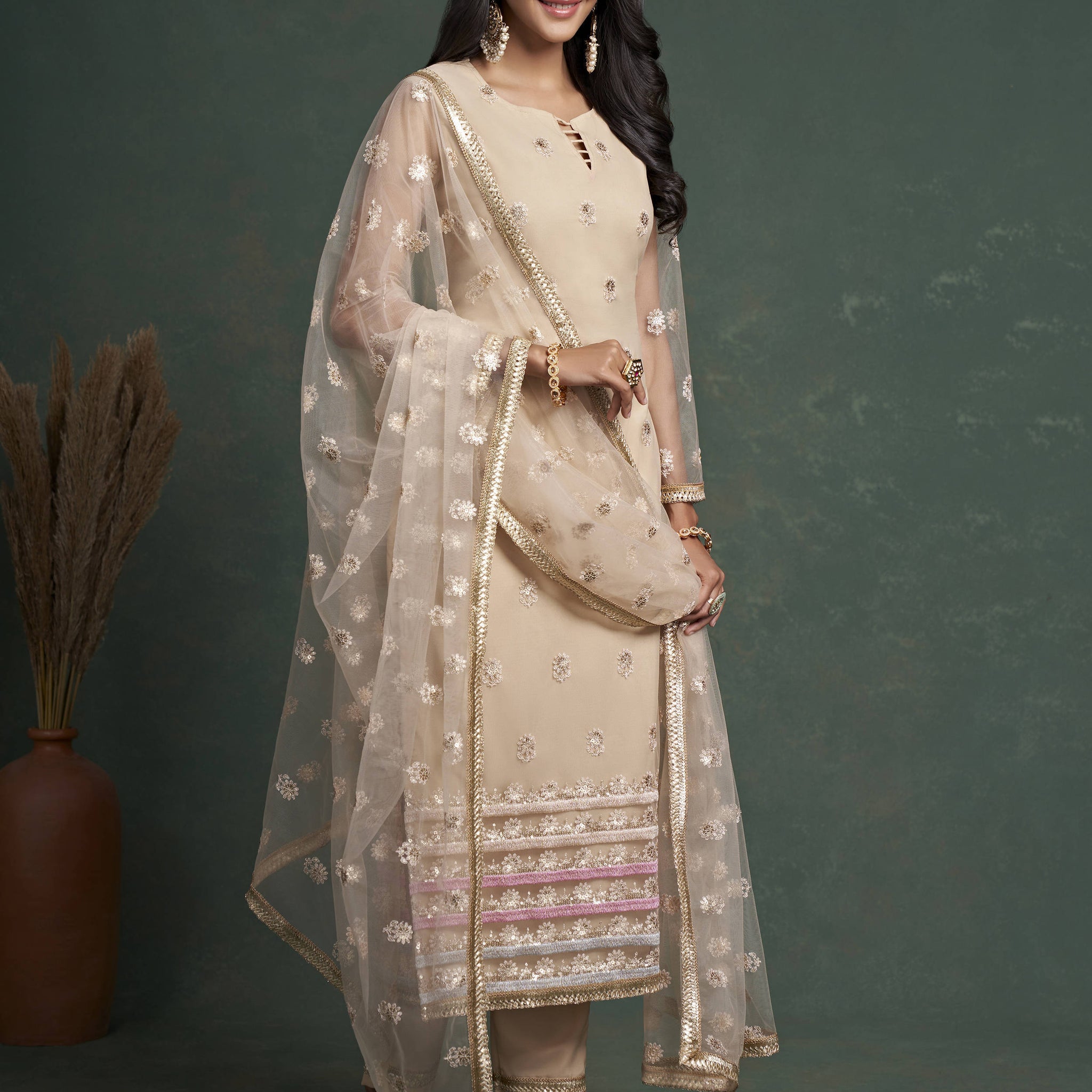 Attractive Beige Sequins Butterfly Net Event Wear Salwar Kameez