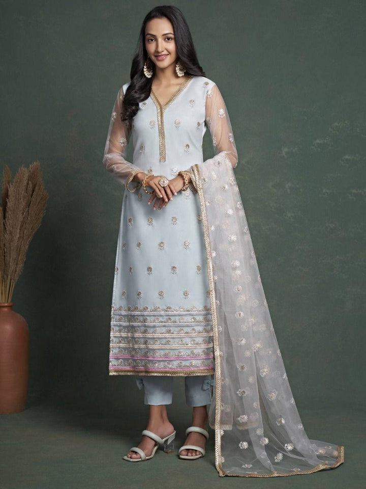 Lovely Light Blue Sequins Butterfly Net Reception Wear Salwar Kameez