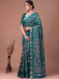 Attractive Teal Green Floral Printed Silk Casual Wear Saree With Blouse