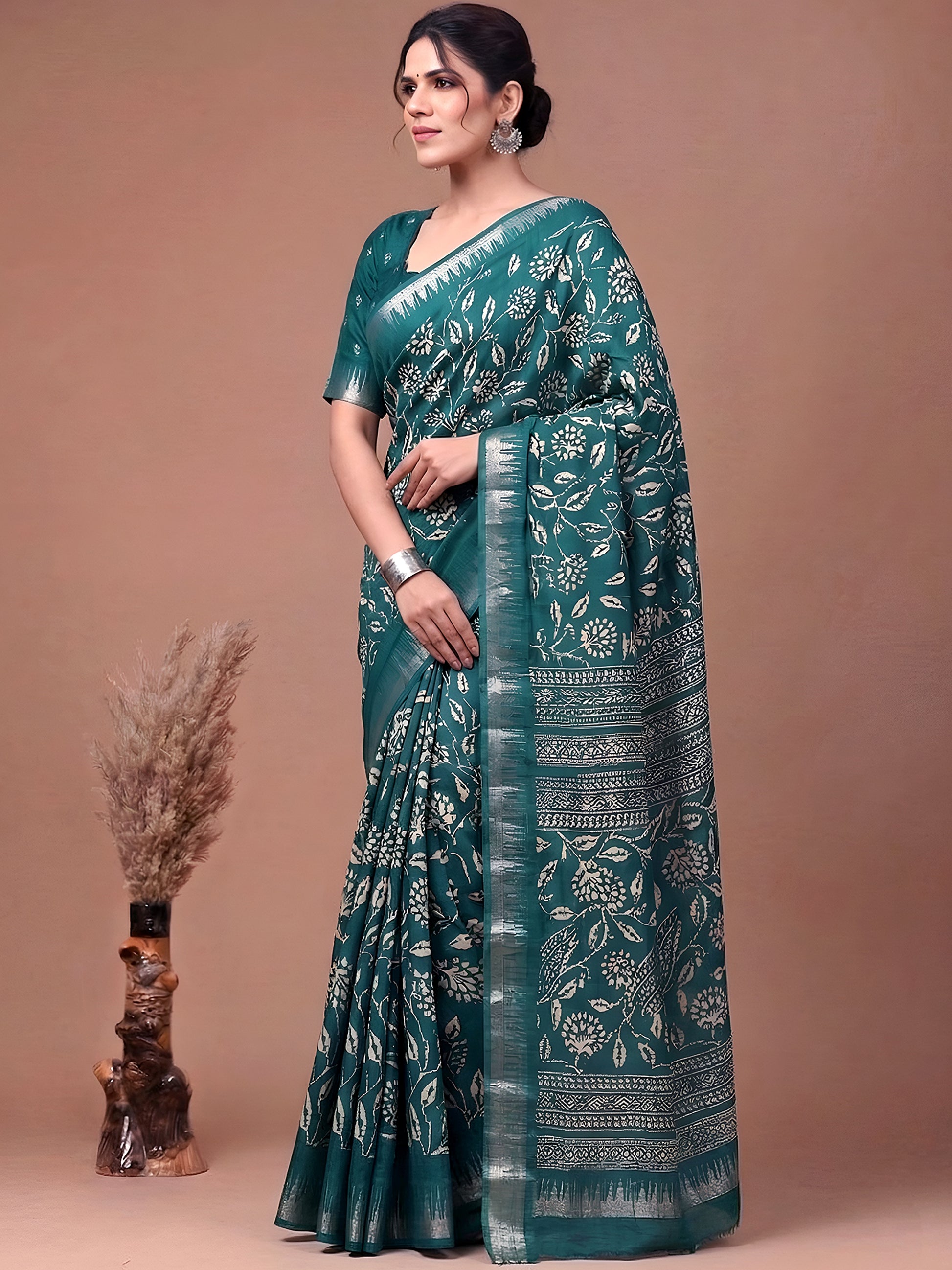 Attractive Teal Green Floral Printed Silk Casual Wear Saree With Blouse