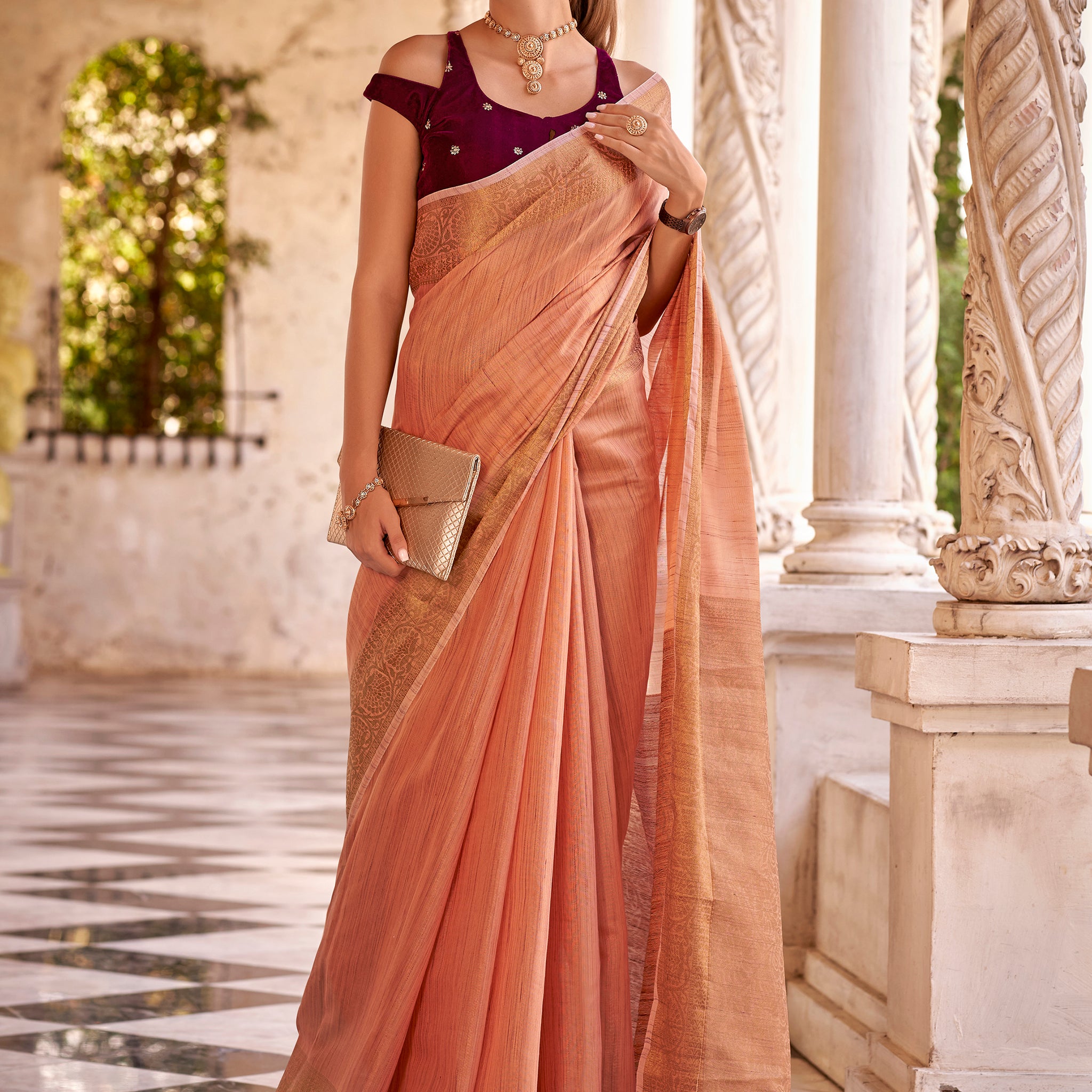 Marvelous Peach Zari Weaving Tissue Silk Casual Wear Saree With Blouse