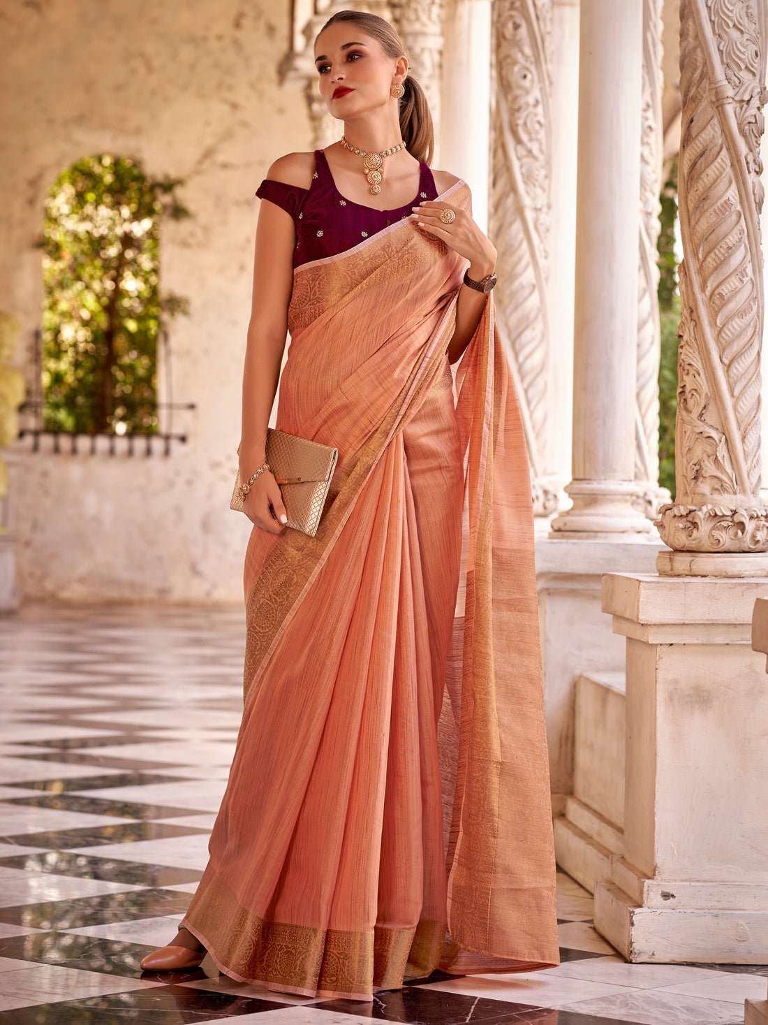 Marvelous Peach Zari Weaving Tissue Silk Casual Wear Saree With Blouse