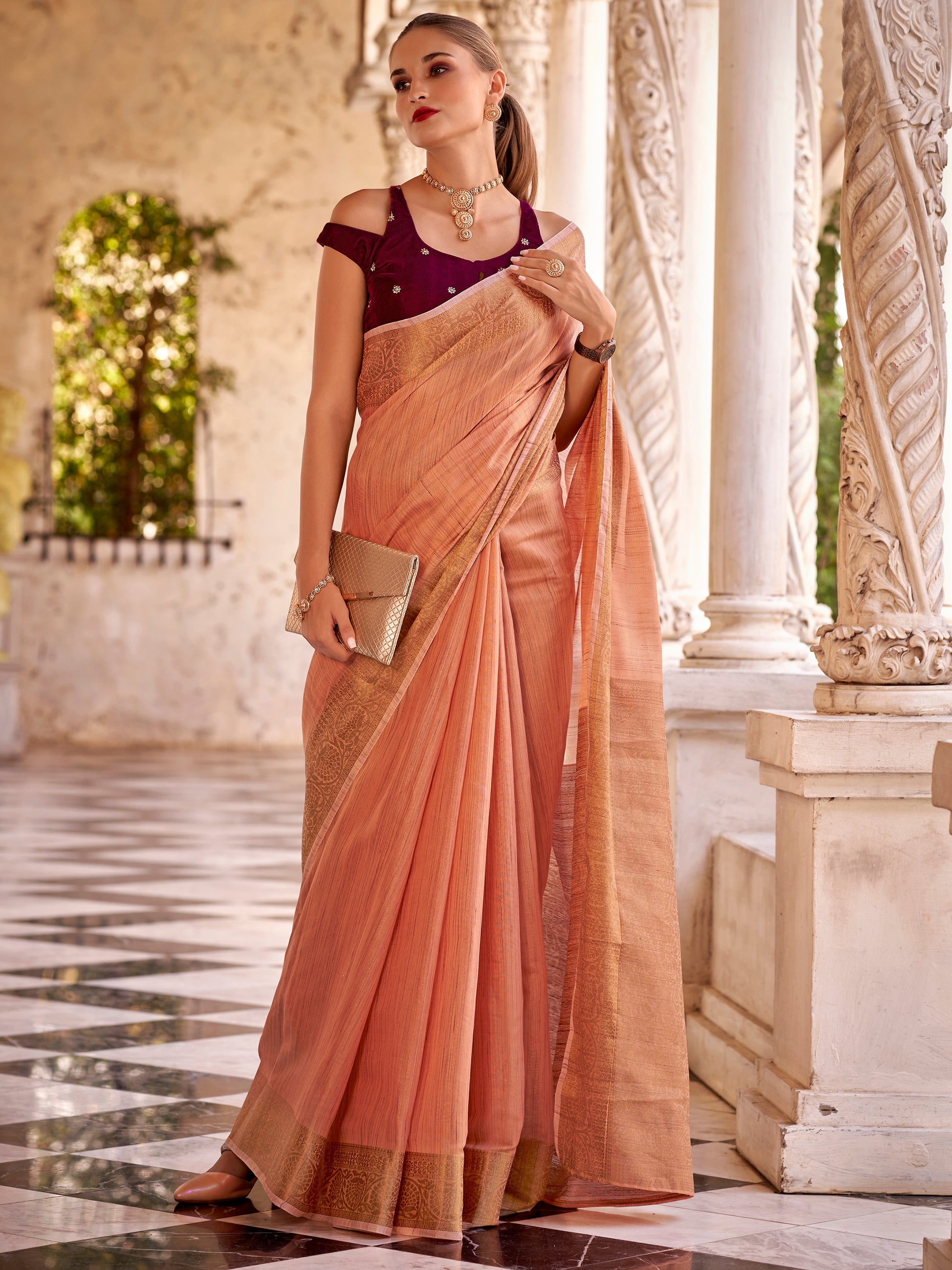 Marvelous Peach Zari Weaving Tissue Silk Casual Wear Saree With Blouse