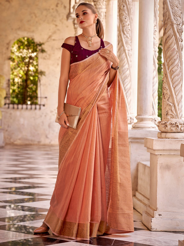 Marvelous Peach Zari Weaving Tissue Silk Casual Wear Saree With Blouse