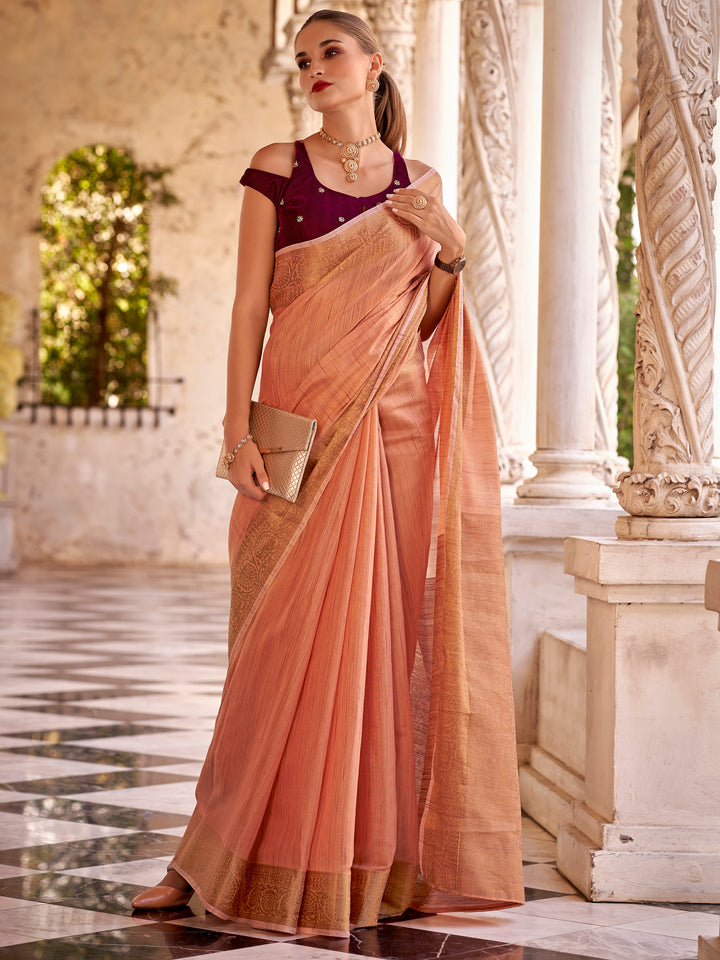 Marvelous Peach Zari Weaving Tissue Silk Casual Wear Saree With Blouse