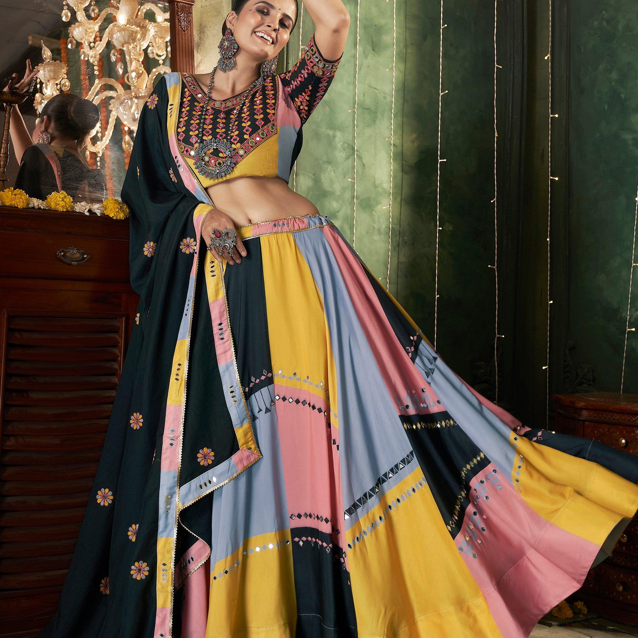 Incredible Multi-Color Mirror Work Cotton Navratri Lehenga Choli With Dupatta