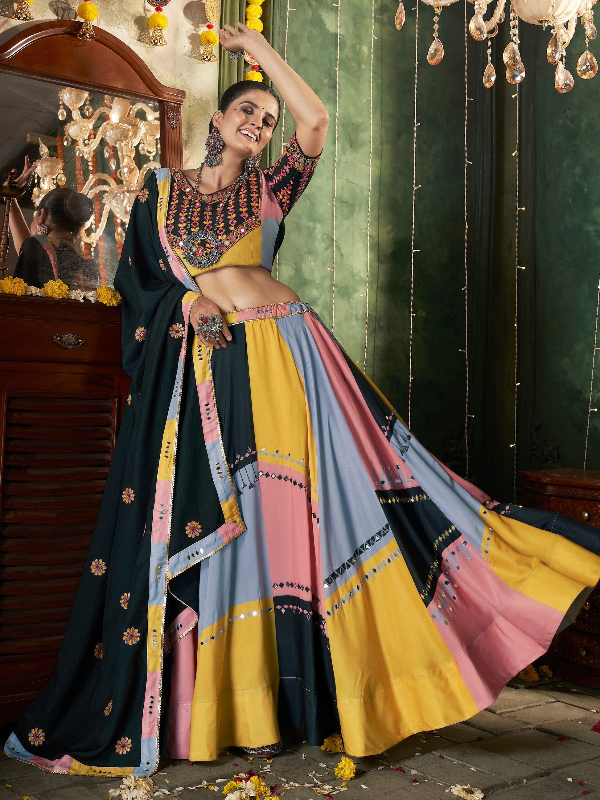 Incredible Multi-Color Mirror Work Cotton Navratri Lehenga Choli With Dupatta