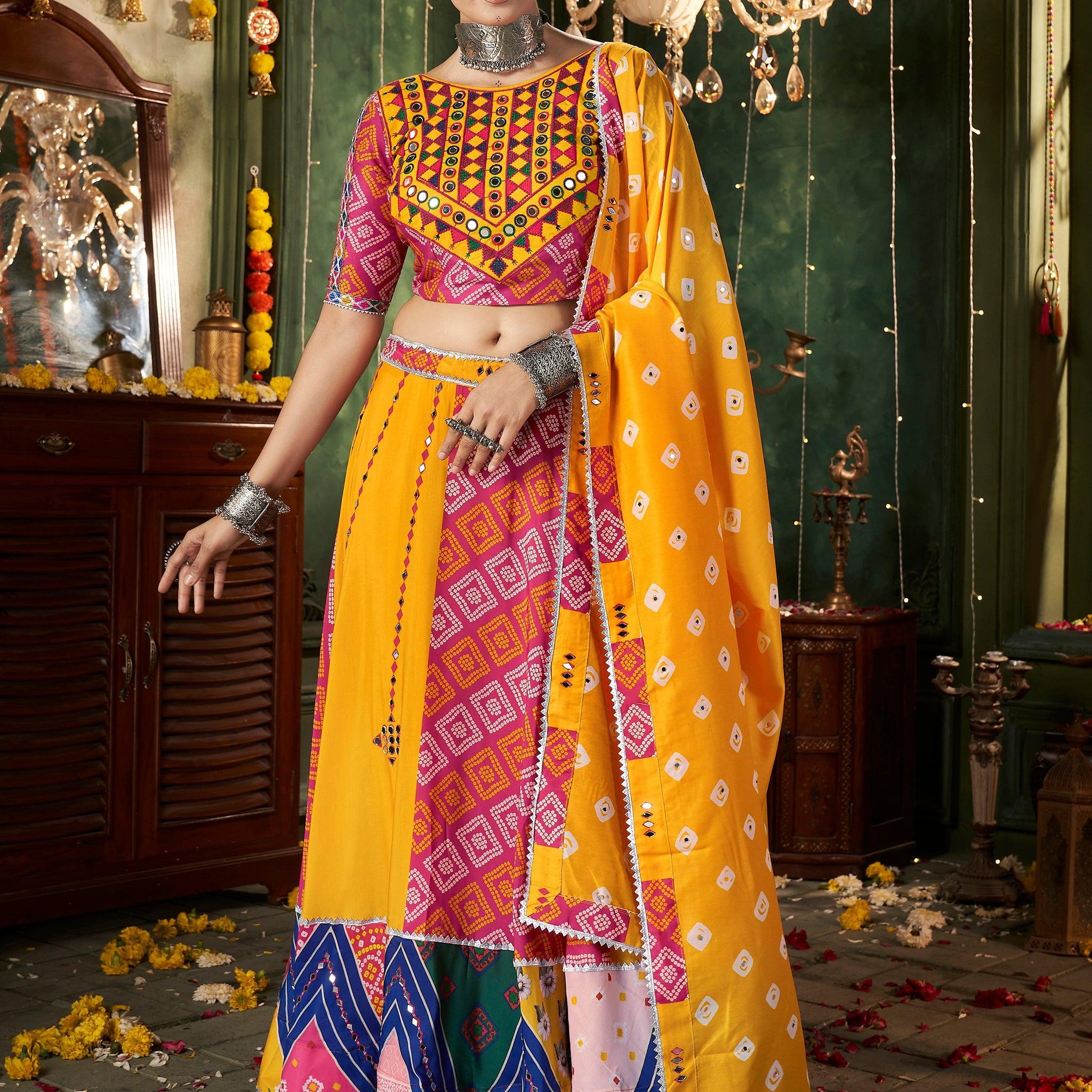 Beautiful Yellow Cotton Navratri Wear Lehenga Choli With Dupatta