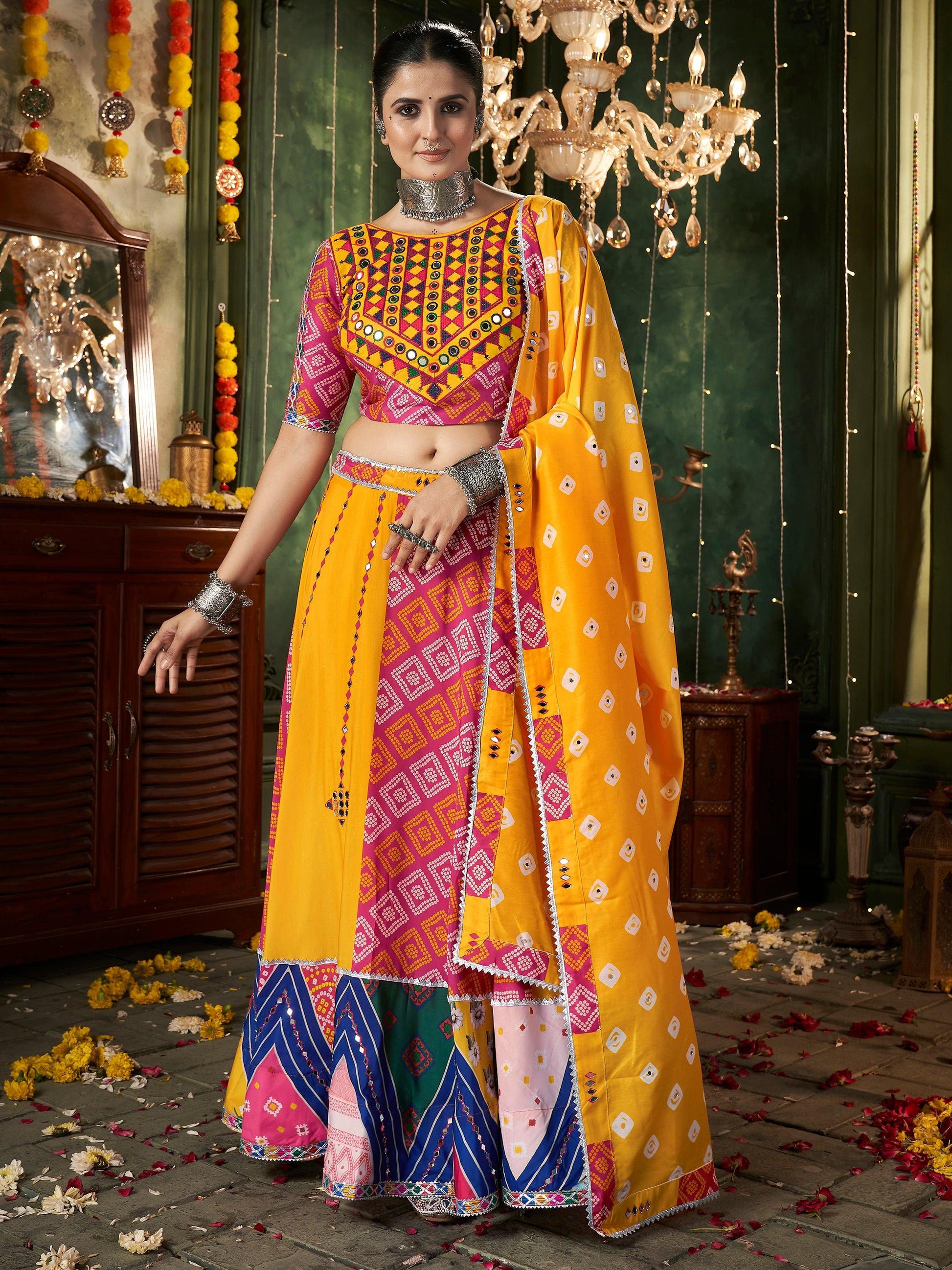 Beautiful Yellow Cotton Navratri Wear Lehenga Choli With Dupatta