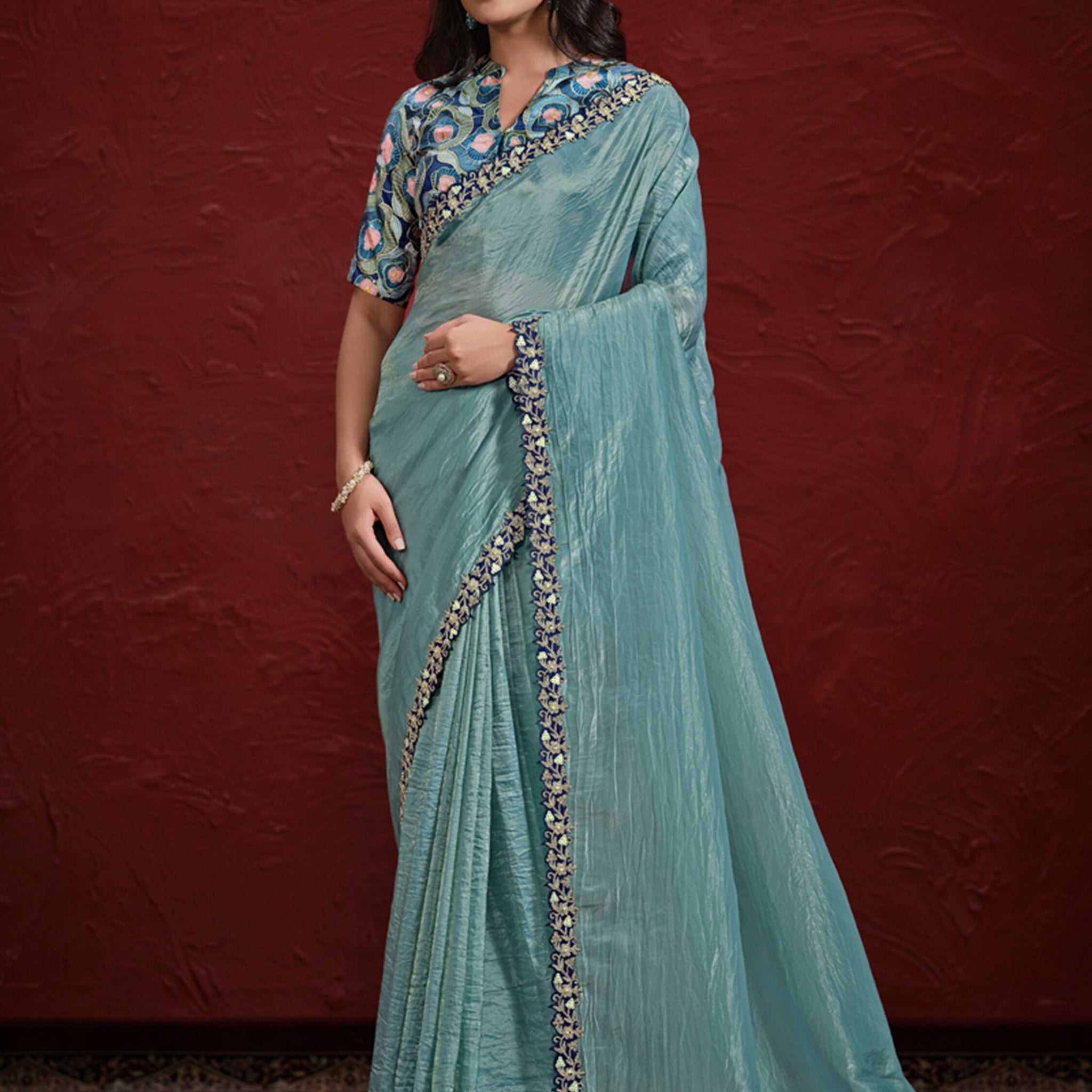 Alluring Blue Lace Work Silk Engagement Wear Saree With Blouse