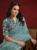 Alluring Blue Lace Work Silk Engagement Wear Saree With Blouse