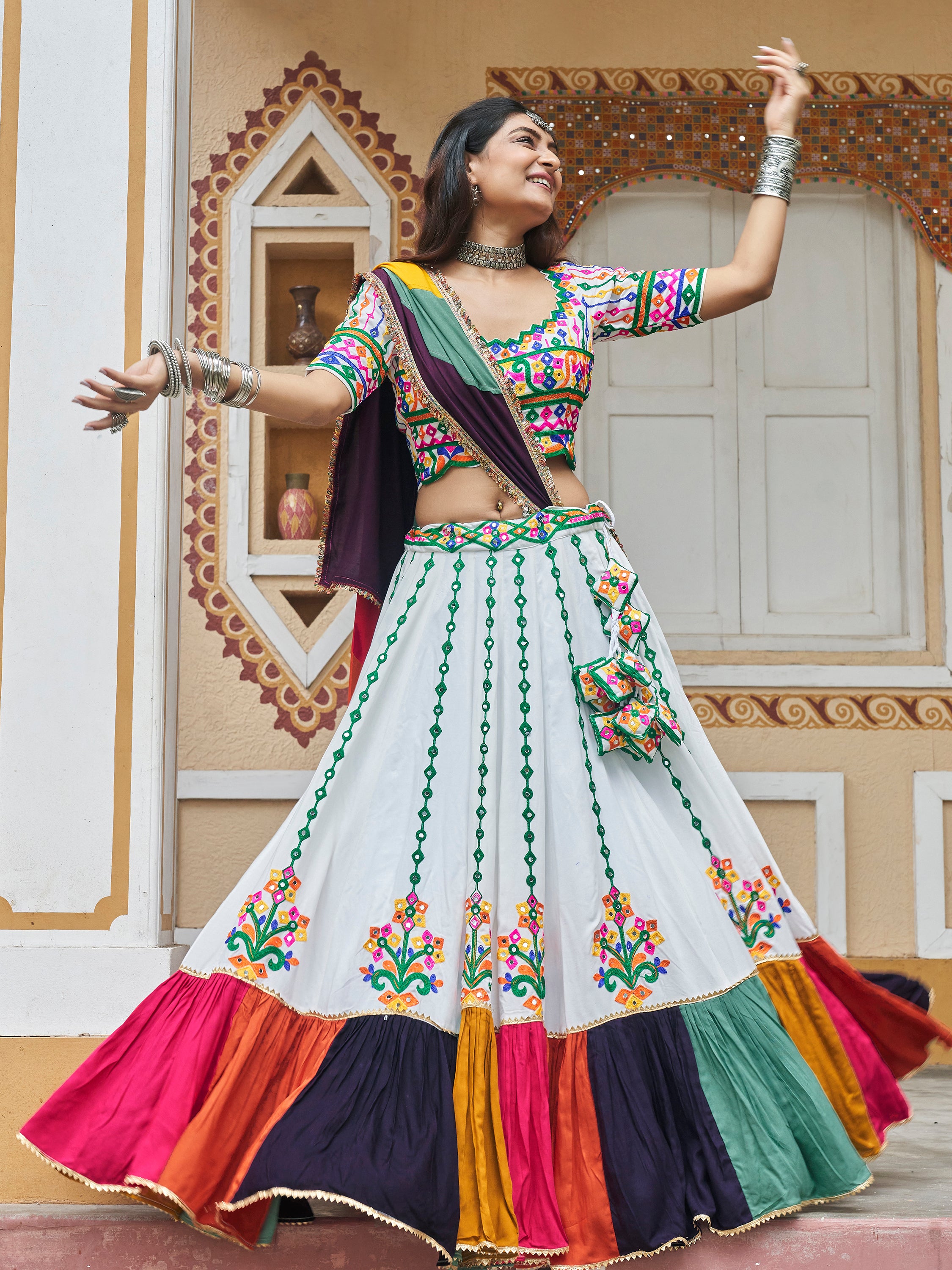 Shop White Mirror Work Rayon Navratri Lehenga Choli Online At Zeel Clothing
