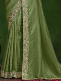 Marvelous Olive Green Heavy Border Work Satin Mehendi Wear Saree