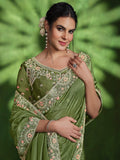 Marvelous Olive Green Heavy Border Work Satin Mehendi Wear Saree