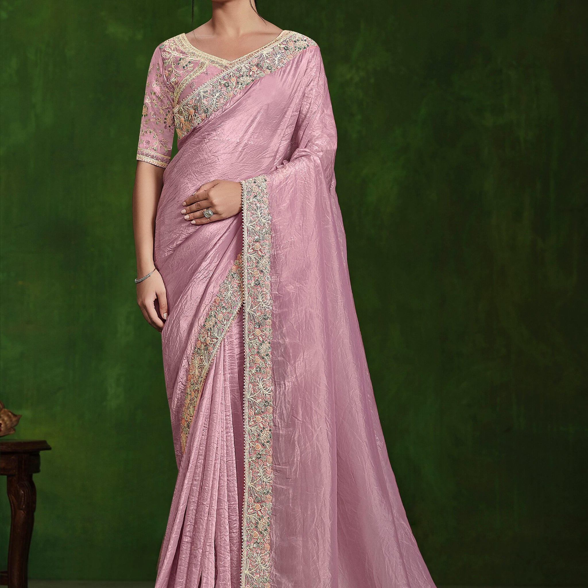Amazing Light Pink Heavy Border Work Satin Festival Wear Saree